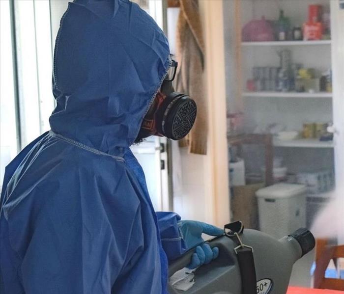 man in blue hazmat suit spraying disinfectant